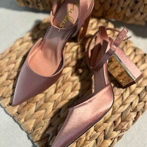 Lulu's Blush Satin Heels with Metallic Block Heel